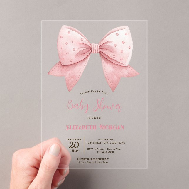 Invitaciones Acrílicas Watercolor Pink Bow Dots Baby Shower  (Insitu (portátil))
