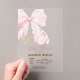 Invitaciones Acrílicas Watercolor Pink Bow Pearls Dots Baby Shower 