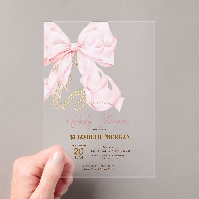 Invitaciones Acrílicas Watercolor Pink Bow Pearls Dots Baby Shower  (Insitu (portátil))