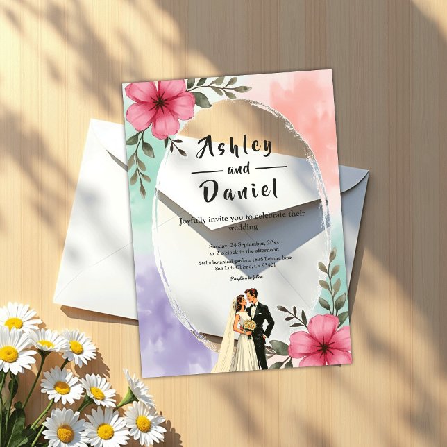 Invitaciones Acrílicas Watercolor Pink Flowers Couple Boho Summer Wedding (Subido por el creador)