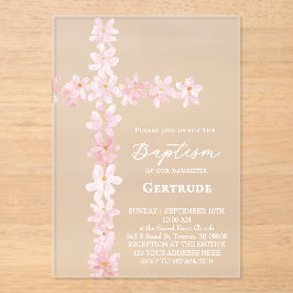 Invitaciones Acrílicas watercolor pink flowers cross Baptism Invitation