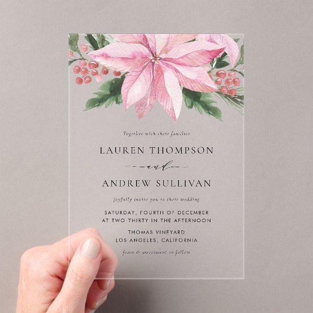 Invitaciones Acrílicas Watercolor Pink Poinsettia Floral Winter Wedding (Insitu (portátil))