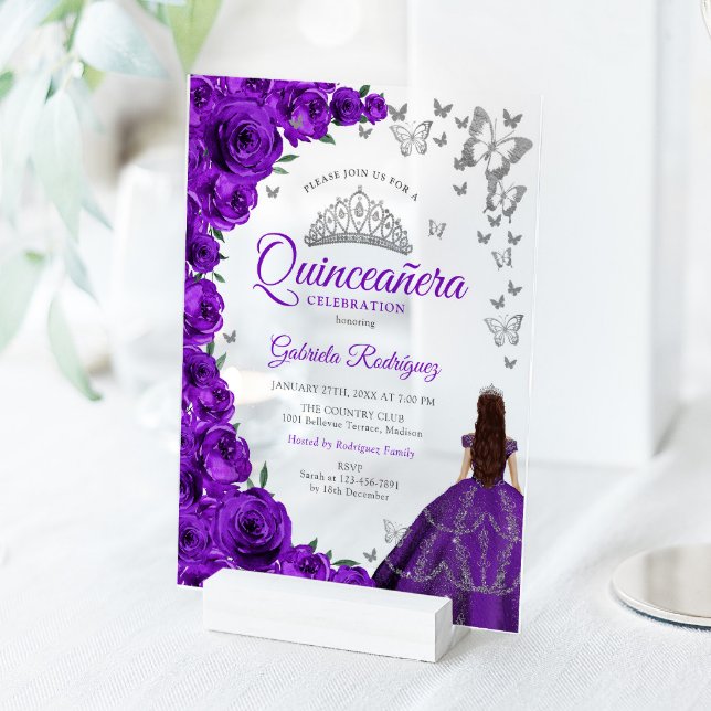 Invitaciones Acrílicas Watercolor Purple Roses Silver Quinceanera (Subido por el creador)