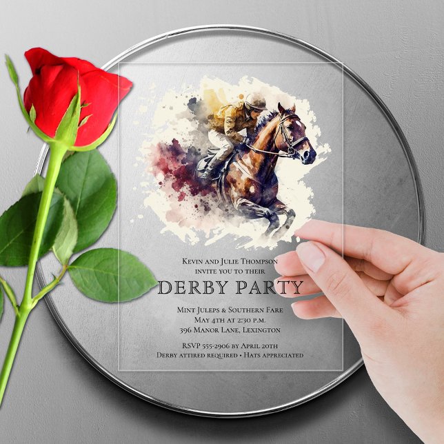 Invitaciones Acrílicas Watercolor Racehorse Derby Fiesta (ACRYLIC clear or frosted watercolor racehorse Derby party invitations)