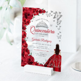 Invitaciones Acrílicas Watercolor Red Roses Silver Quinceanera