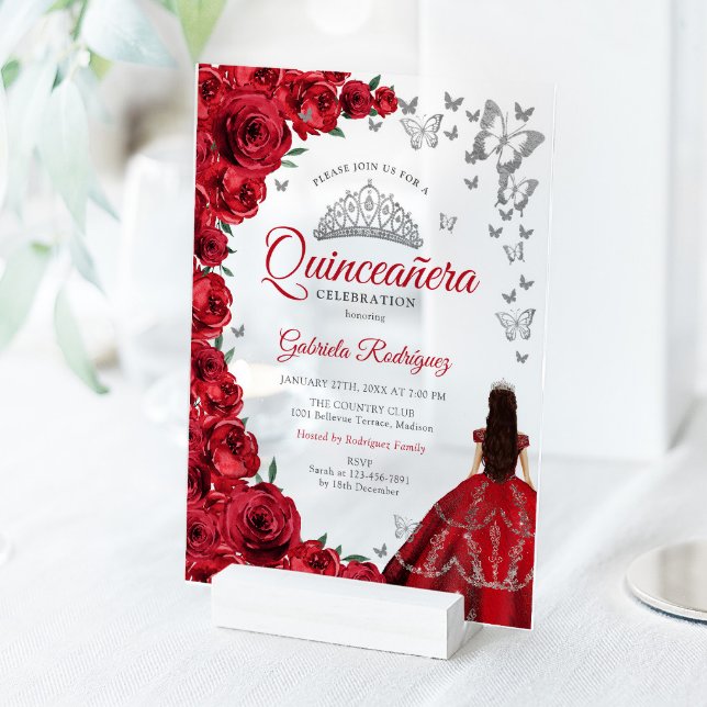 Invitaciones Acrílicas Watercolor Red Roses Silver Quinceanera (Subido por el creador)