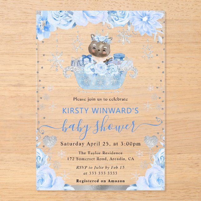Invitaciones Acrílicas Watercolor Reindeer Floral Baby Shower (Anverso)