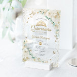 Invitaciones Acrílicas Watercolor Roses Cream Gold Floral Quinceanera<br><div class="desc">Cream,  gold and white Quinceanera celebration invitation. Features script font,  gold butterflies,  ivory roses and tiara. Perfect for an elegant princess style glam celebration. Personalize with your own details. Stylish transparent or frosted acrylic invitations.</div>