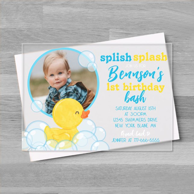 Invitaciones Acrílicas Watercolor Rubber Duck Photo Birthday (Boy Watercolor Rubber Duck Photo Birthday Acrylic Invitations)