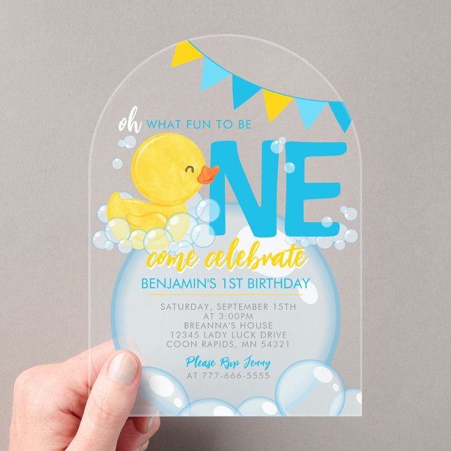 Invitaciones Acrílicas Watercolor Rubber Duck Primer Cumpleaños Único (Zazzle Watercolor Rubber Duck 1st Birthday Unique Acrylic Invitations)