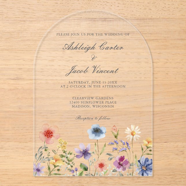 Invitaciones Acrílicas Watercolor Spring Garden Wildflower Wedding (Anverso)