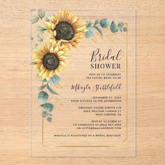 Invitaciones Acrílicas Watercolor Sunflower Floral Bridal Shower (Anverso)