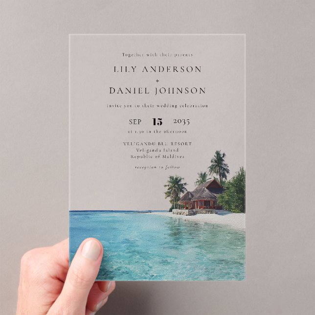 Invitaciones Acrílicas Watercolor Tropical Beach Destination Wedding (Insitu (portátil))