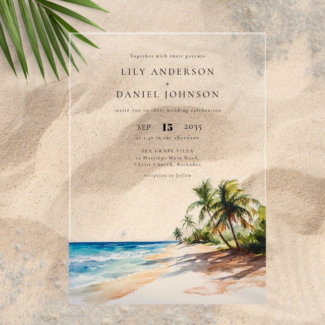 Invitaciones Acrílicas Watercolor Tropical Beach Destination Wedding (Watercolor Tropical Beach Destination Wedding Acrylic Invitations)