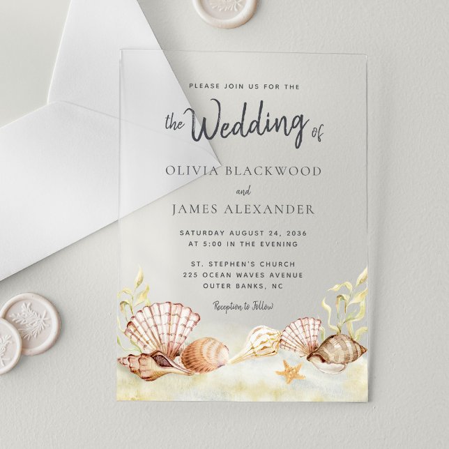Invitaciones Acrílicas Watercolor Tropical Beach Seashelal Boda (Subido por el creador)
