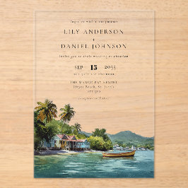 Invitaciones Acrílicas Watercolor Tropical Caribbean Destination Wedding
