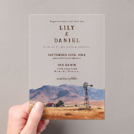 Invitaciones Acrílicas Watercolor Western Mountain Cowboy Ranch Wedding