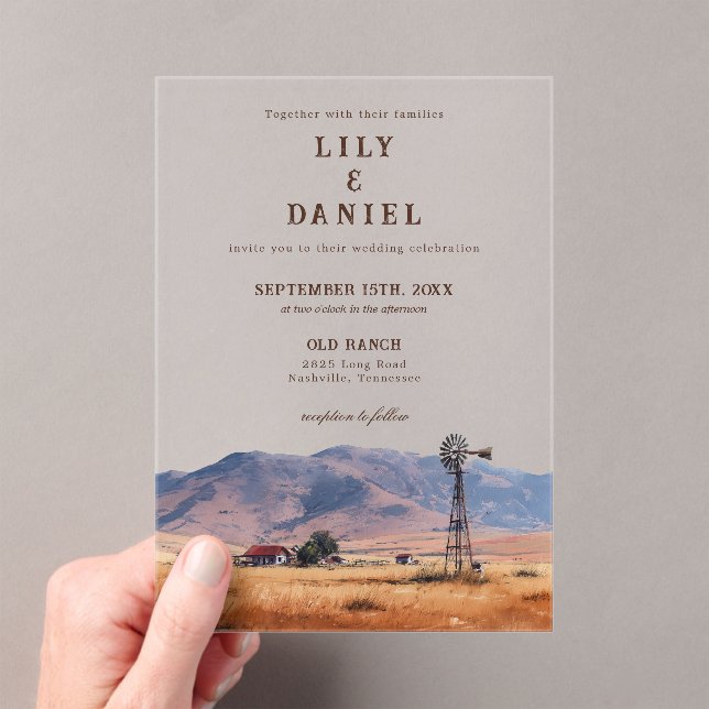 Invitaciones Acrílicas Watercolor Western Mountain Cowboy Ranch Wedding (Insitu (portátil))