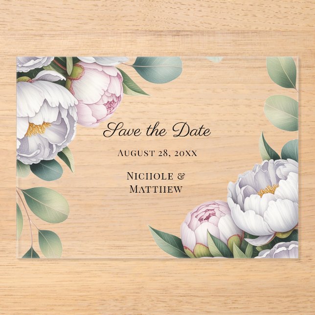 Invitaciones Acrílicas Watercolor White Peonies Wedding Save the Date (Anverso)