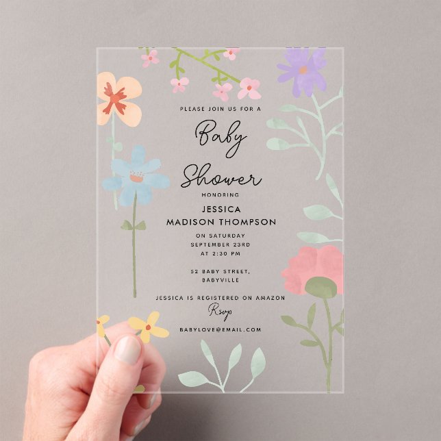 Invitaciones Acrílicas Watercolor Wildflowers Floral Baby Shower (Insitu (portátil))
