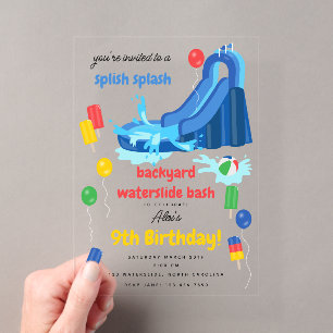 Invitaciones Acrílicas Waterslide Niños Cumpleaños Verano Salpicaduras Sp
