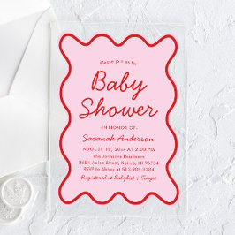 Invitaciones Acrílicas Wavy Moderno Curvy Retro Baby Shower rosa y rojo