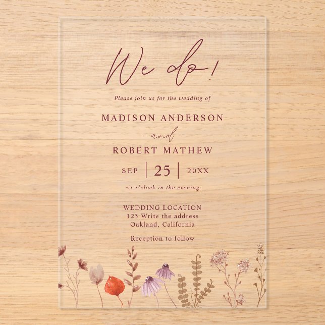 Invitaciones Acrílicas We Do! Boho Botanical Rustic Wildflower Wedding (Anverso)