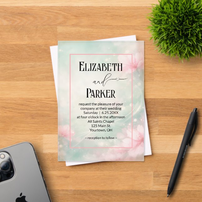 Invitaciones Acrílicas Wedding Soft Pink Flowers on Mint Green (Insitu (Tarjeta de Invitación))