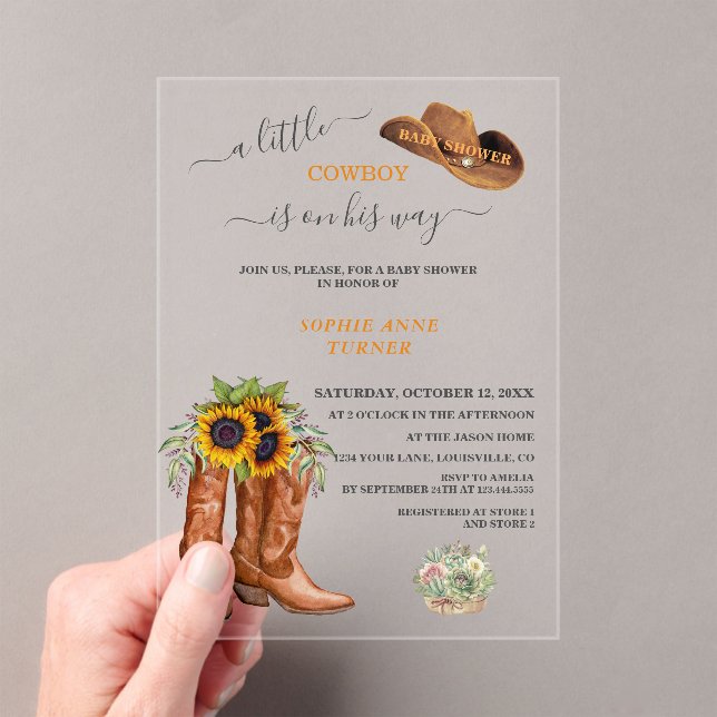 Invitaciones Acrílicas Western A Little Cowboy Boots Boy Baby Shower (Insitu (portátil))