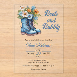 Invitaciones Acrílicas Western Cowgirl Blue Boots & Bubbly Bridal Shower 