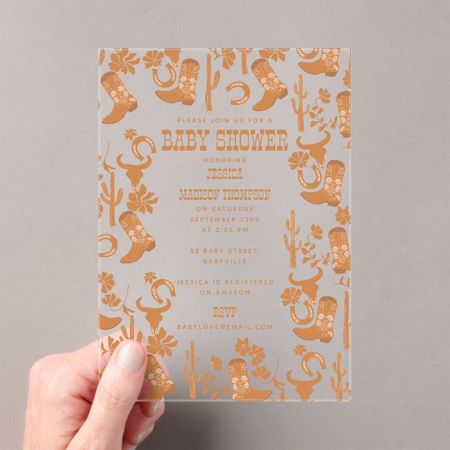 Invitaciones Acrílicas Western Earth Tone Country Boots Baby Shower (Insitu (portátil))