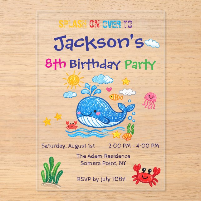 Invitaciones Acrílicas Whale Theme Summer Kids Birthday Invitation Card (Anverso)