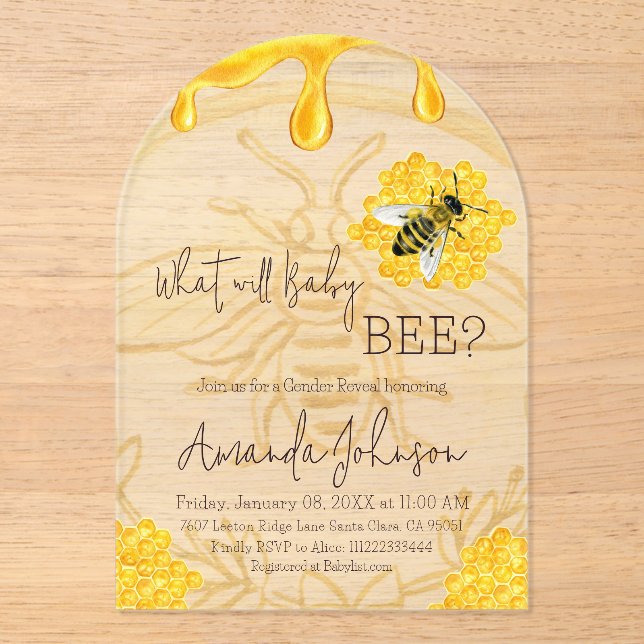 Invitaciones Acrílicas What Will Baby Bee Rustic Honeycomb Gender Reveal (Anverso)