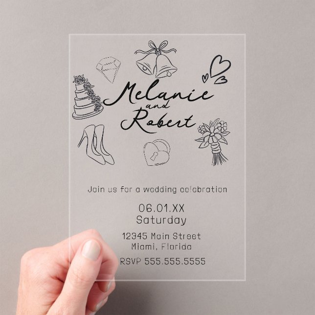Invitaciones Acrílicas Whimiscal Cute Doodles Black White Wedding (Insitu (portátil))