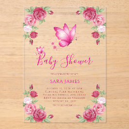 Invitaciones Acrílicas Whimsical Butterfly & Rose Baby Shower
