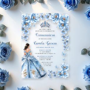 Invitaciones Acrílicas Whimsical Floral Dusty Azul Tiara Quinceañera