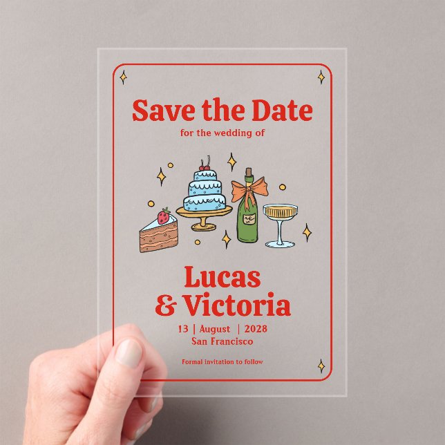 Invitaciones Acrílicas Whimsical Hand Drawn Bold Red Save the Date (Insitu (portátil))