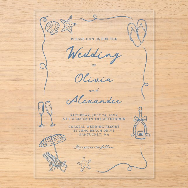 Invitaciones Acrílicas Whimsical Hand Drawn Coastal Blue Beach Wedding (Anverso)