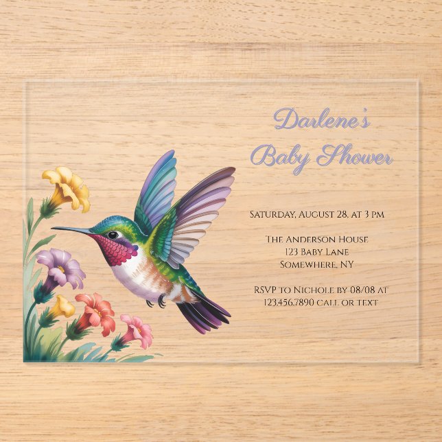 Invitaciones Acrílicas Whimsical Hummingbird Floral Baby Shower (Anverso)
