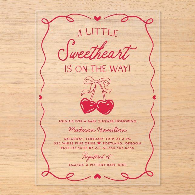 Invitaciones Acrílicas Whimsical Little Sweetheart Valentines Baby Shower (Anverso)