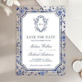 Invitaciones Acrílicas White Blue Chinoiserie Crest Wedding Save the Date