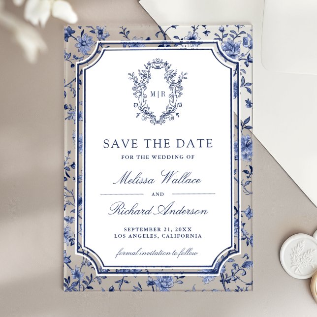 Invitaciones Acrílicas White Blue Chinoiserie Crest Wedding Save the Date (Subido por el creador)