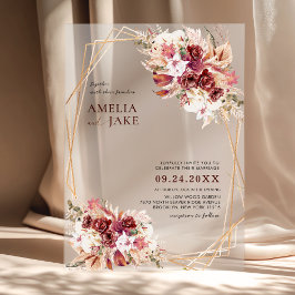 Invitaciones Acrílicas White & Burgundy Floral Gold Geometric Wedding