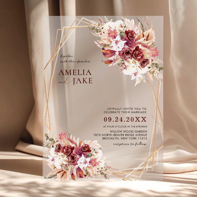 Invitaciones Acrílicas White & Burgundy Floral Gold Geometric Wedding (Subido por el creador)
