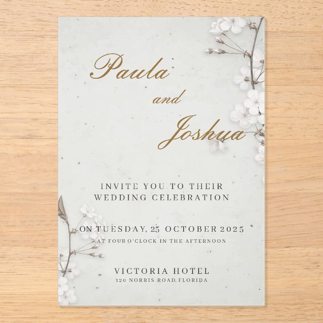 Invitaciones Acrílicas White Cherry Blossom & Gold Script Elegant Wedding (Anverso)