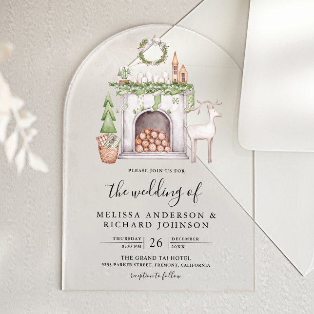 Invitaciones Acrílicas White Christmas Fireplace Wedding (Subido por el creador)