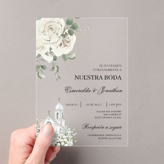 Invitaciones Acrílicas White Floral Spanish church Wedding acrylic (Insitu (portátil))