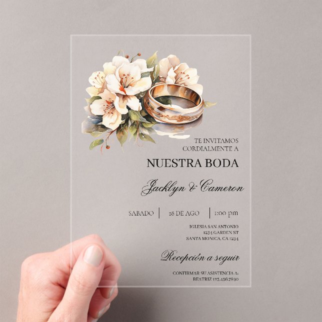 Invitaciones Acrílicas White Floral with ring Spanish Wedding Invitation (Insitu (portátil))