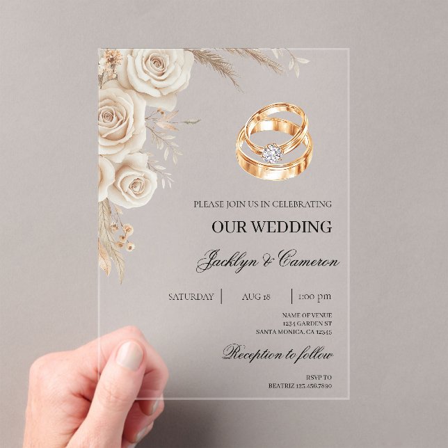 Invitaciones Acrílicas White Floral with ring Wedding (Insitu (portátil))