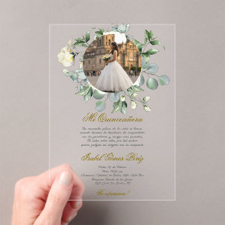 Invitaciones Acrílicas White flower dress Quinceanera with picture 